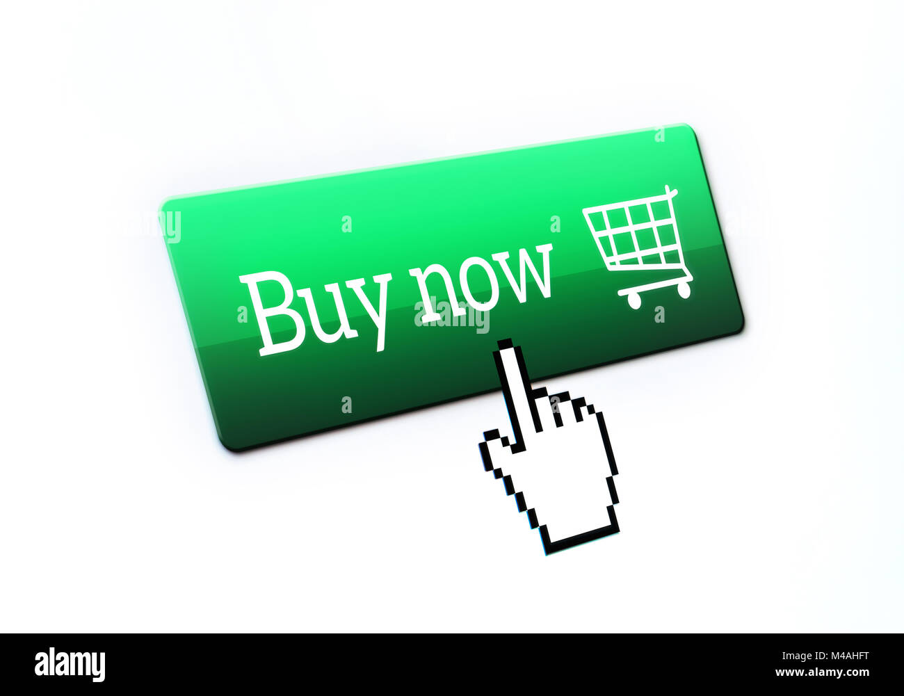 Pixel cursore mano punto e spingere un pulsante Compra ora su un internet store. Macro close up. Lo shopping online e di e-commerce concetto. Foto Stock