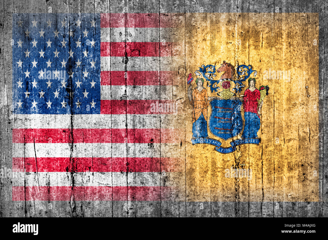 USA e New Jersey bandiera sul muro di cemento Foto Stock