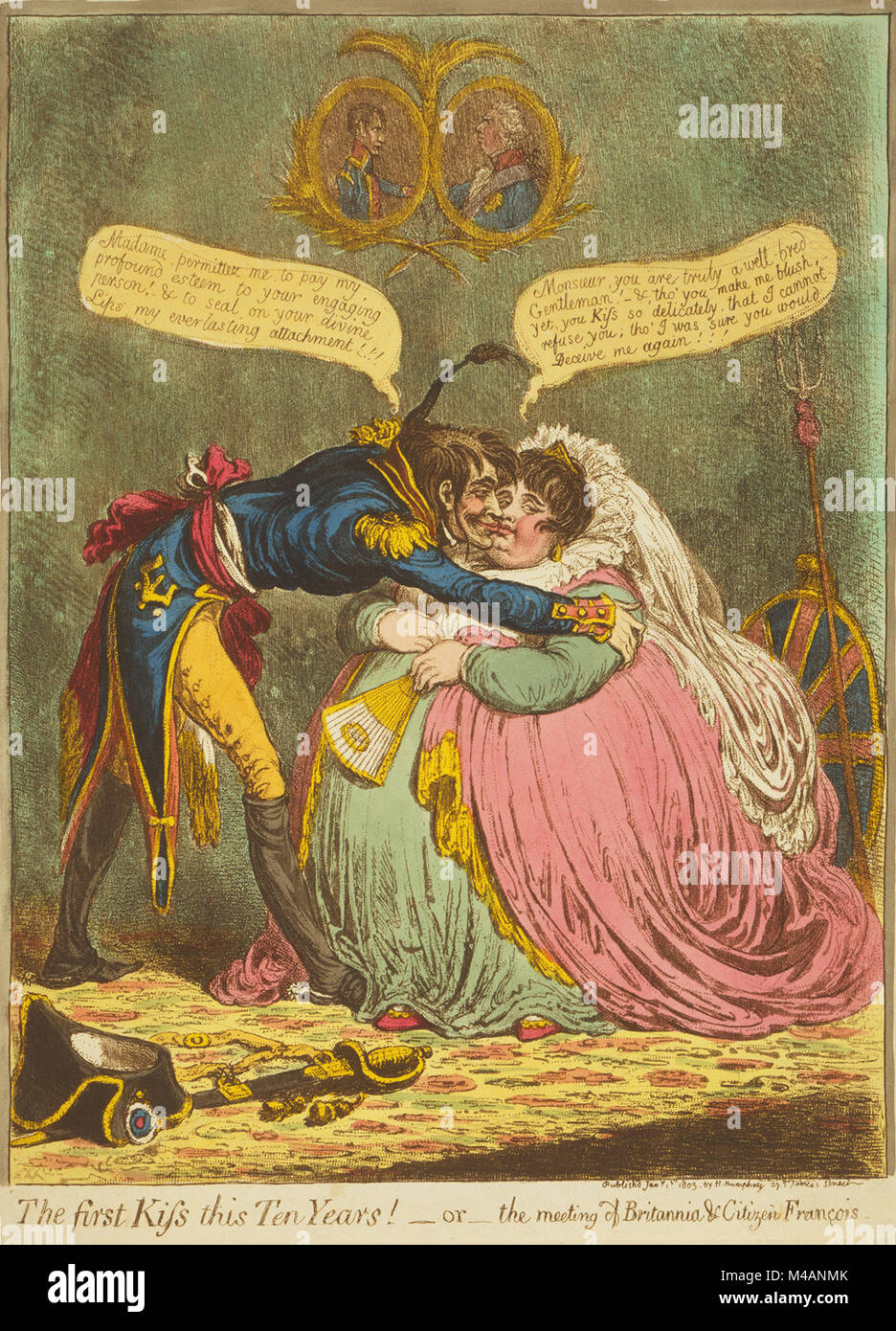 Il primo bacio questo dieci anni! - O - la riunione di Britannia & Cittadino François da James Gillray pubblicato 1803. Un alto e sottile, ufficiale francese baciare un grasso, riccamente vestita, seduto Britannia. Il suo cappello e spada giaceva sul tappeto. Britannia di scudo e trident appoggiano sulla parete dietro la sua sedia. Al di sopra di essi sono ritratti di George III e Napoleone, reciprocamente affacciate. Foto Stock