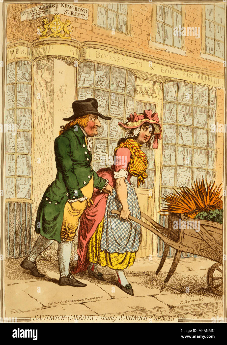 Sandwich-Carrots! - Dolce Sandwich-Carrots da James Gillray pubblicato 1796. Una ragazza formosa spingendo una carriola di carote lungo Bond Street, guardando sopra la sua spalla a un uomo più anziano, eventualmente il figlio di John Montagu, 4° Conte di sandwich, chi è a strattoni al suo grembiule. In fondo è una libreria che presenta il royal bracci. Visualizzate nella finestra sono libri con i titoli "un chip del vecchio blocco"; "Caccia oe un' ode da un vecchio Buck Hound'; 'Un elenco di servo Maids"; "Le bellezze di Bond Street"; e "Un viaggio attraverso la vita -- da Maddox Street fino a Conduit Street & back again". Foto Stock