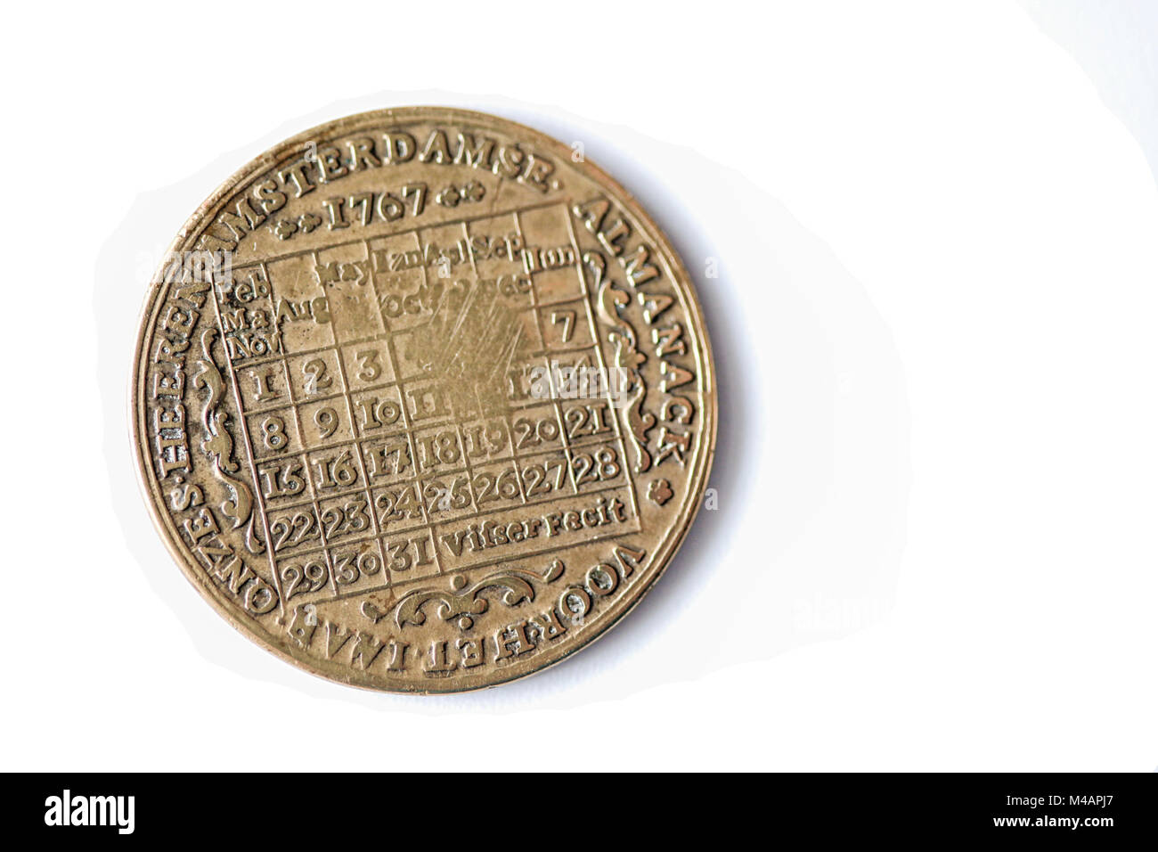 Antiquariato originale olandese caleder eterna moneta dal 1767. Regalo per i rapporti di affari nel XVIII secolo. Il centro della moneta ha resistito lontano da Foto Stock