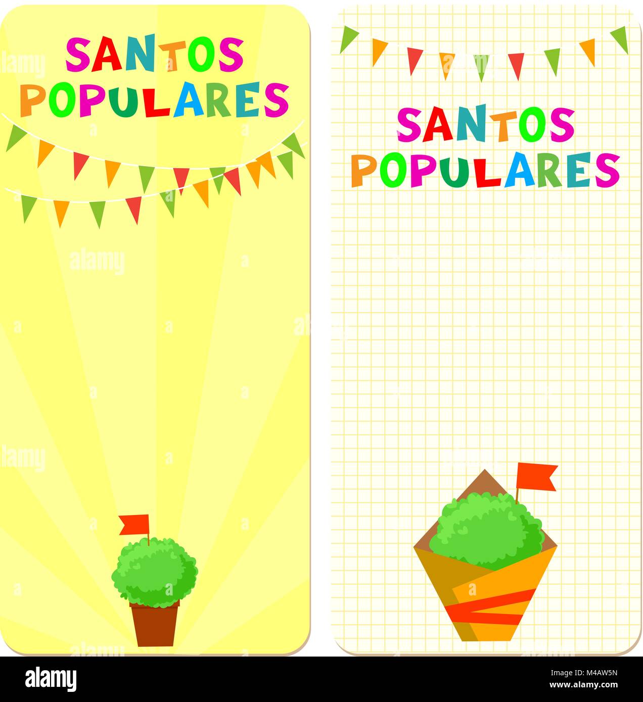 Santos Populares (santi popolari) vacanze schede modello. Illustrazioni vettoriali con bunting ghirlande e manjerico (basilico) piante. Illustrazione Vettoriale