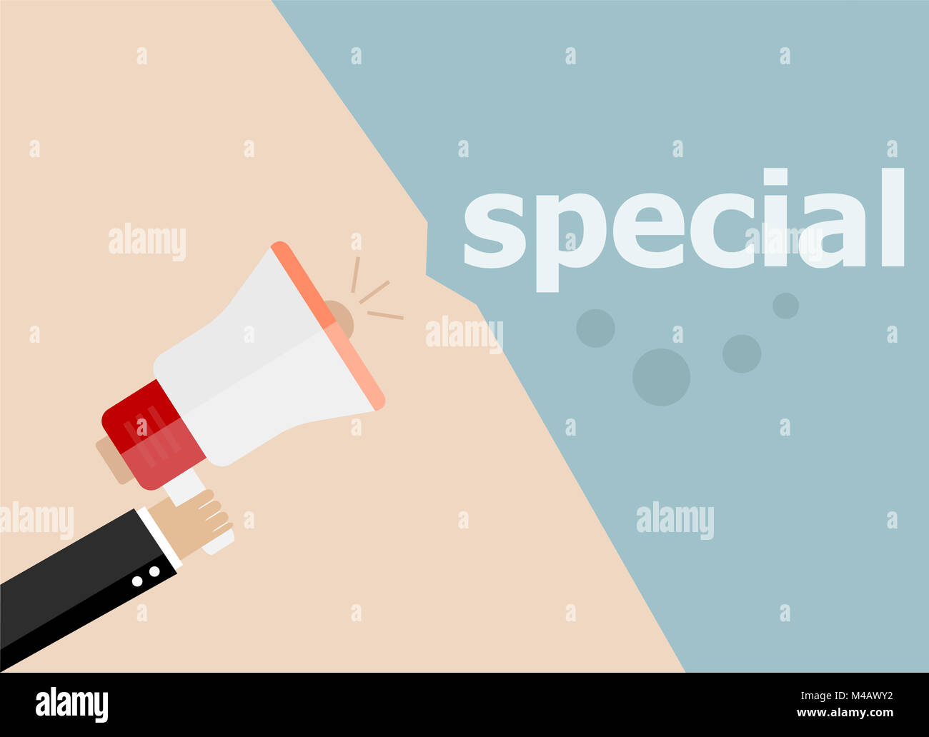 Speciale. Mano azienda megafono e discorso bolla. Design piatto Foto Stock