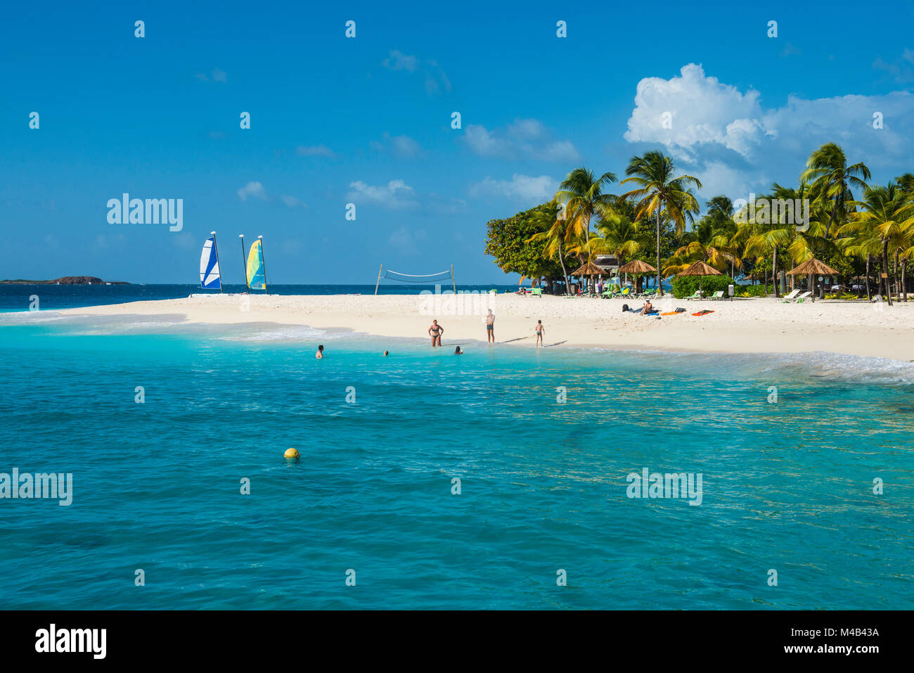 Catamarani su un bellissimo da palme spiaggia di sabbia bianca di Palm Island,Grenadine Isole,San Vincent e Grenadine,dei Caraibi Foto Stock