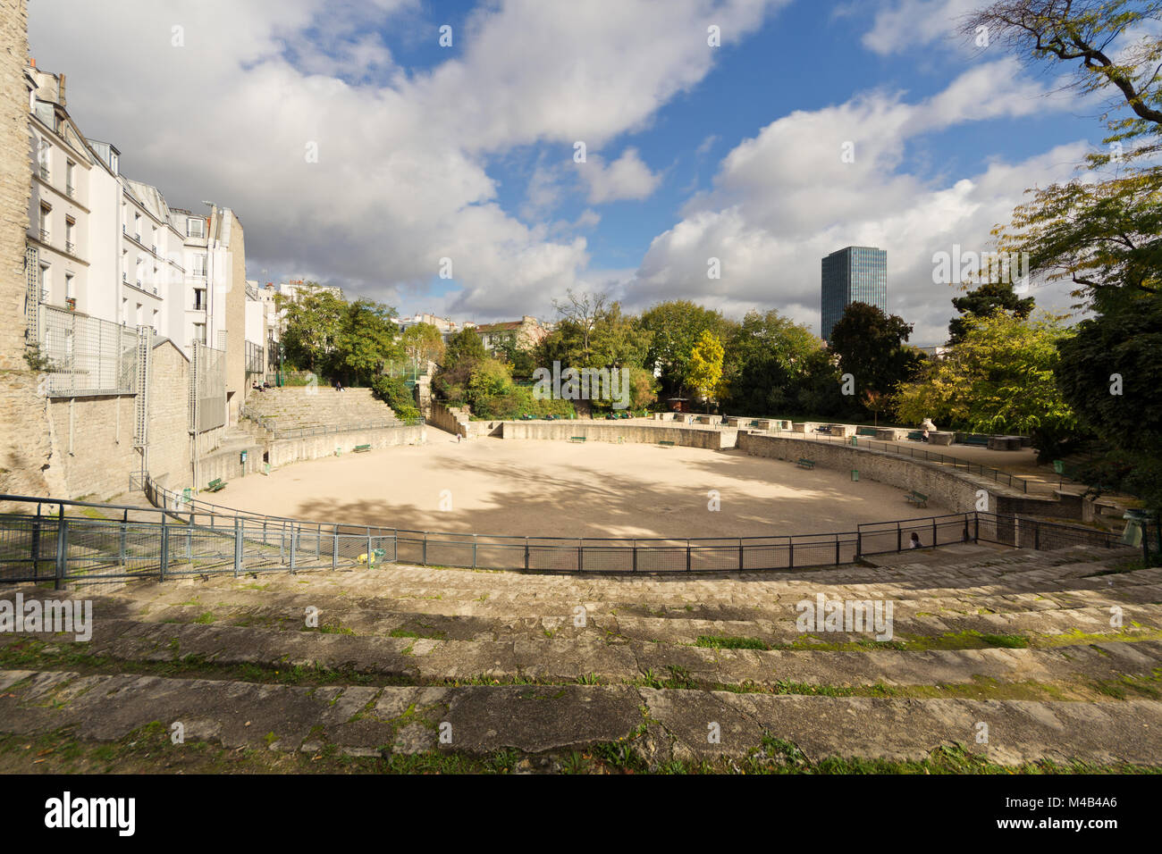 L'Arènes de Lutèce (primo ANNUNCIO di secolo) - un arena romana, uno del più antico monumento di Parigi - l'Arènes oggi Foto Stock
