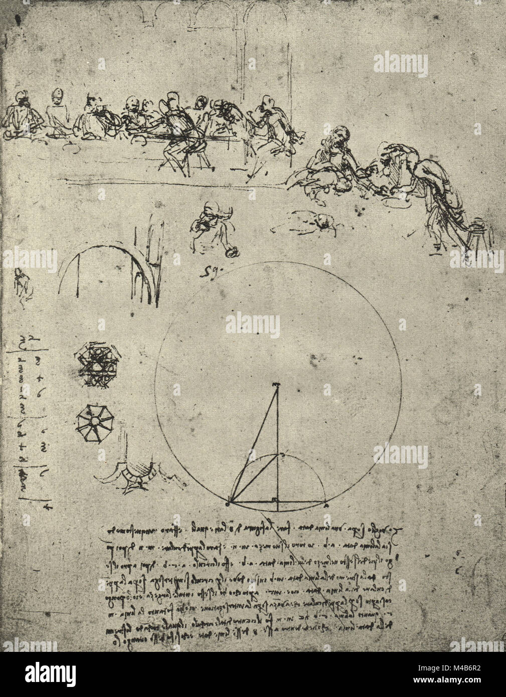 Studio per l'Ultima Cena e figure matematiche e calcoli, disegnata da Leonardo Da Vinci, circa 1495-97 Foto Stock