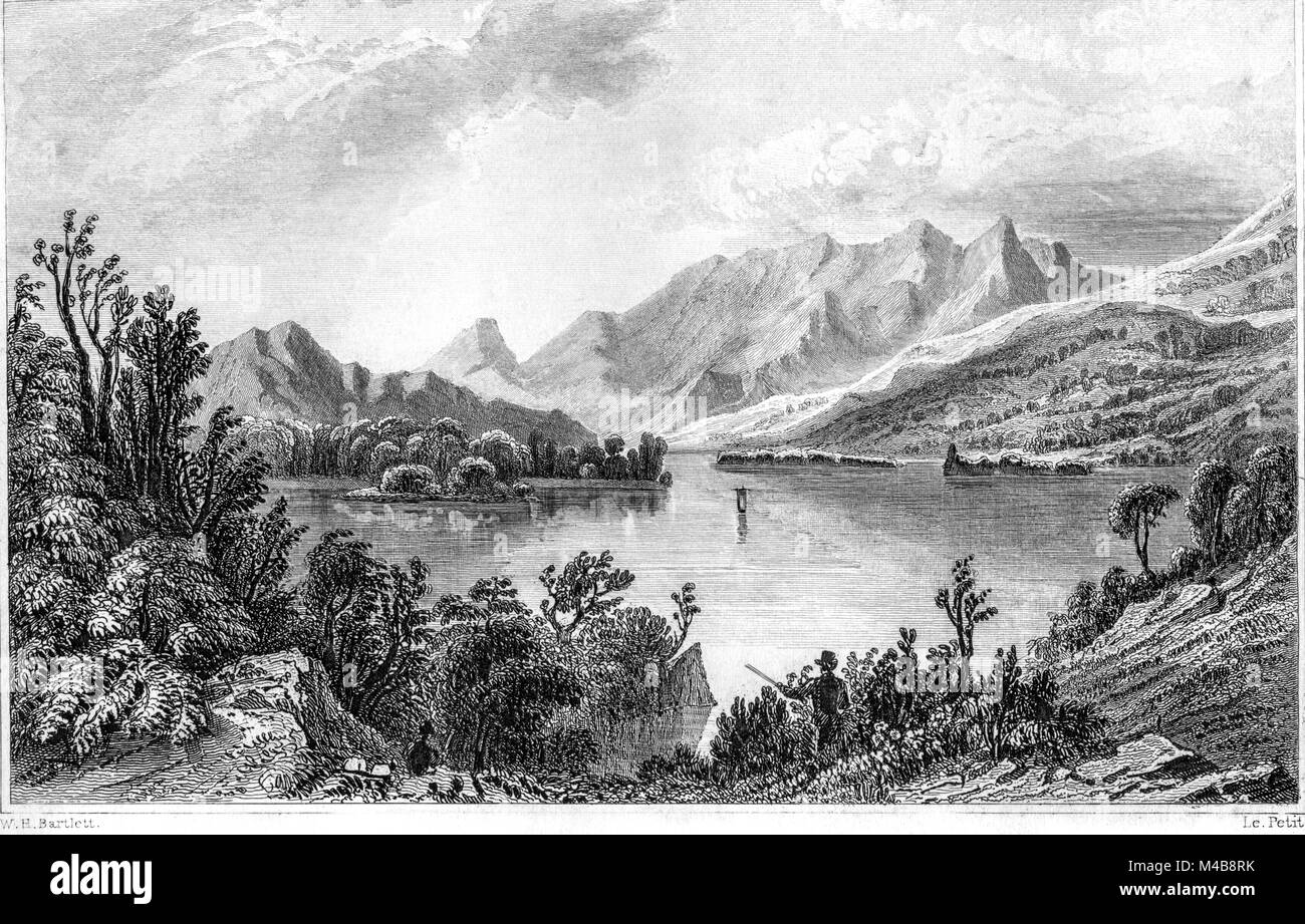 Una incisione dei laghi di Killarney scansionati ad alta risoluzione da un libro stampato nel 1833. Ritiene copyright free. Foto Stock