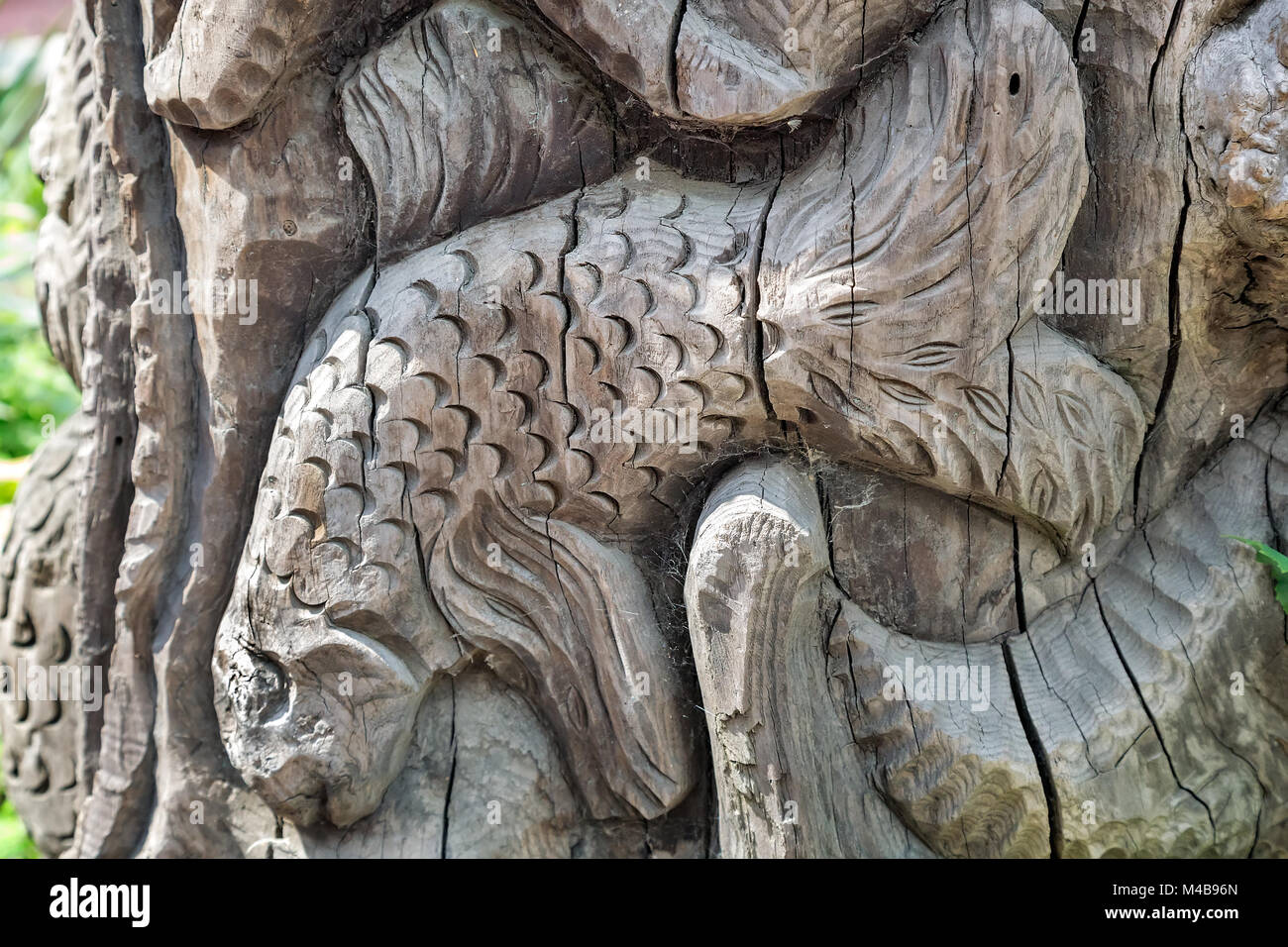 La figura di un pesce scolpito sul tronco di albero. Foto Stock