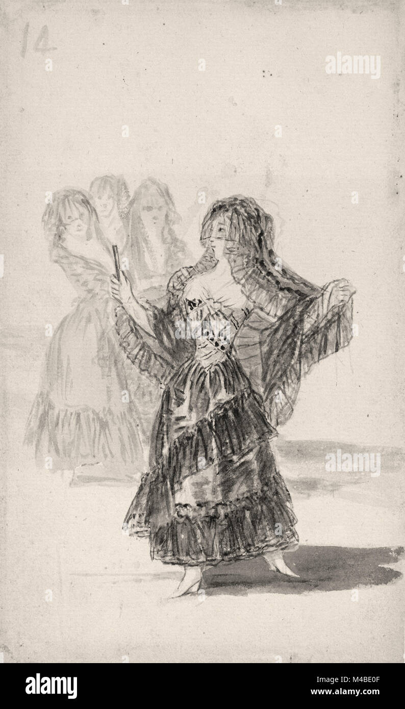 Francisco José de Goya y Lucientes- Due Majas abbracciando (recto) Maja sfilando prima di tre altri Foto Stock