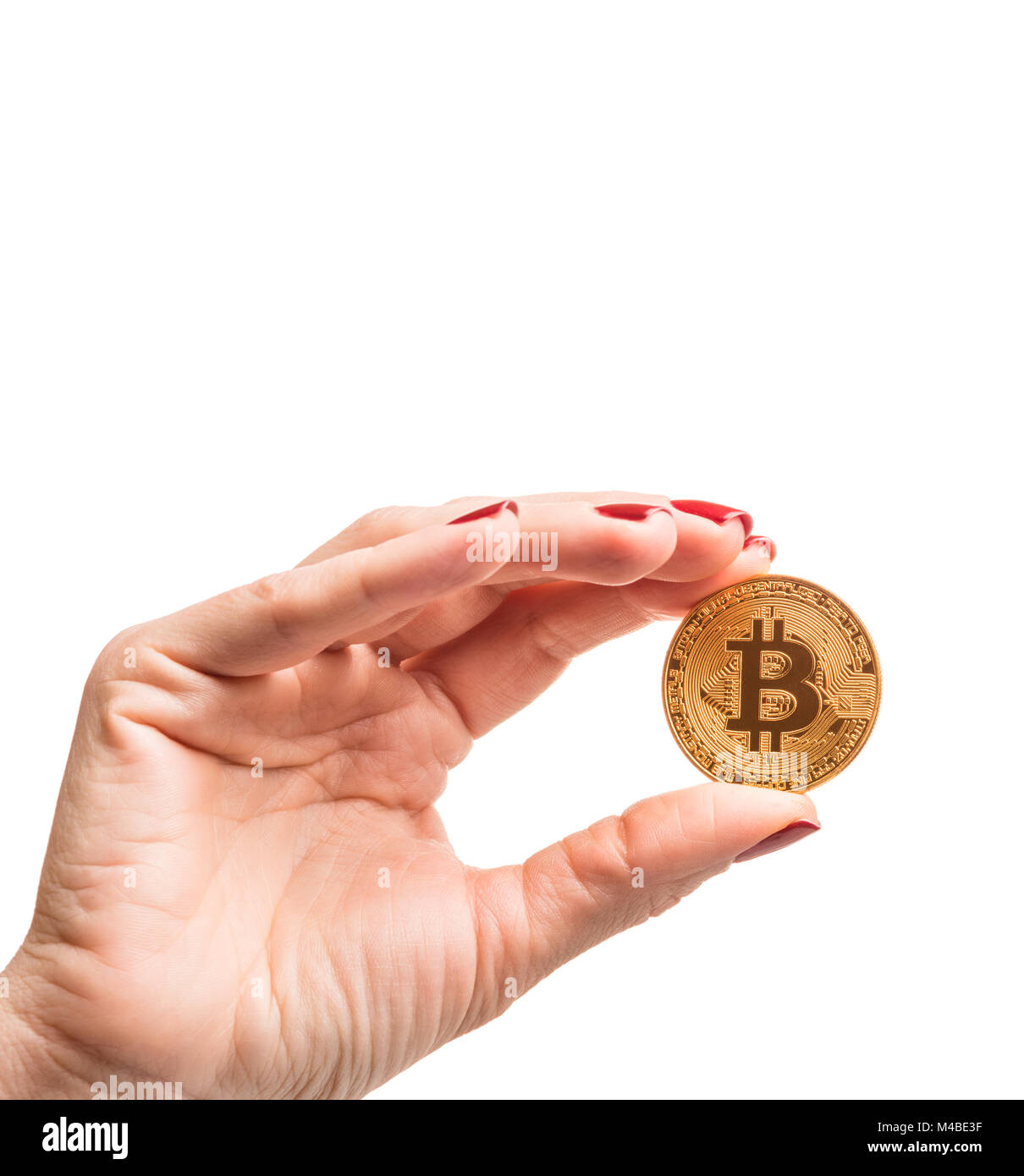 Azienda bitcoin in mano, isolati su sfondo bianco Foto Stock