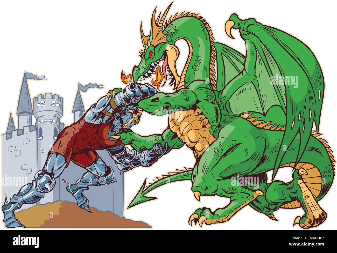 Vector cartoon clip art illustrazione di un cavaliere muscolare mascotte di wrestling con un duro significa drago in un castello sullo sfondo. Caratteri sui laici separato Illustrazione Vettoriale