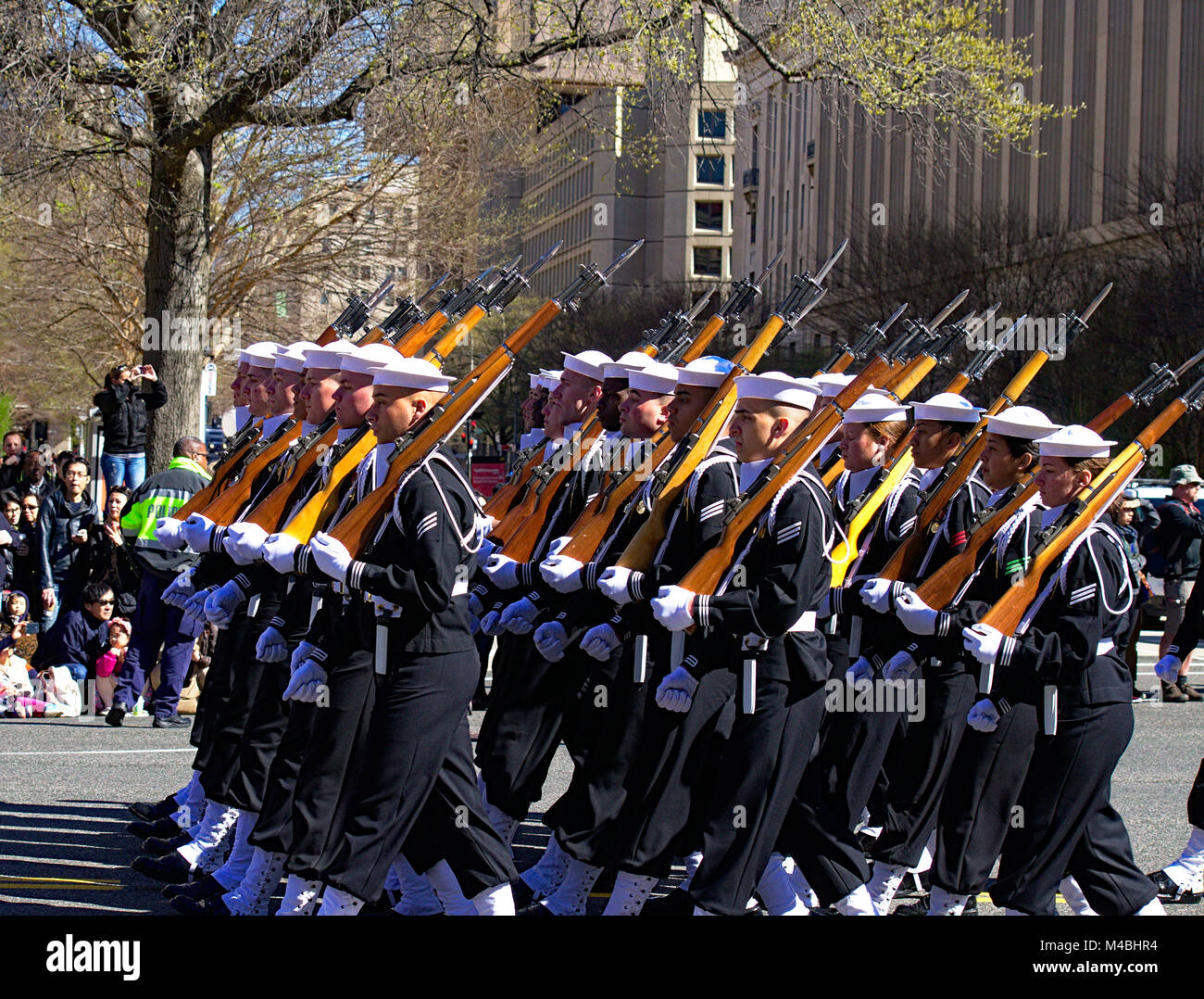 US Navy Marching plotone durante la fioritura dei ciliegi Parade di Washington DC Foto Stock