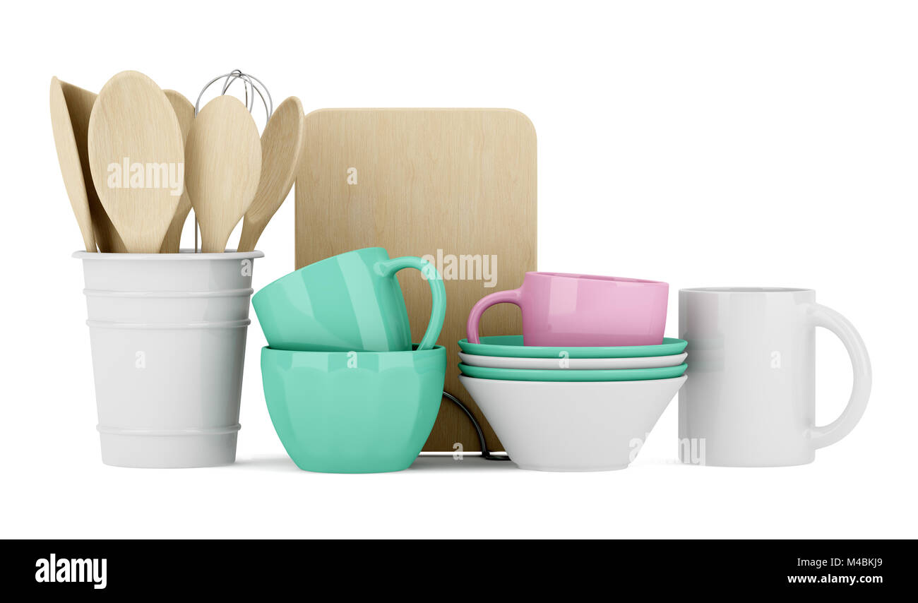 Utensili da cucina isolati su sfondo bianco Foto Stock