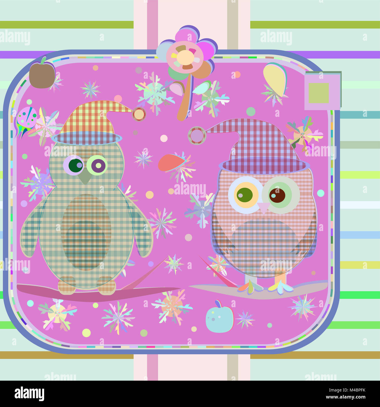 Civetta e un pinguino su un albero con cappelli di Babbo Natale Foto Stock