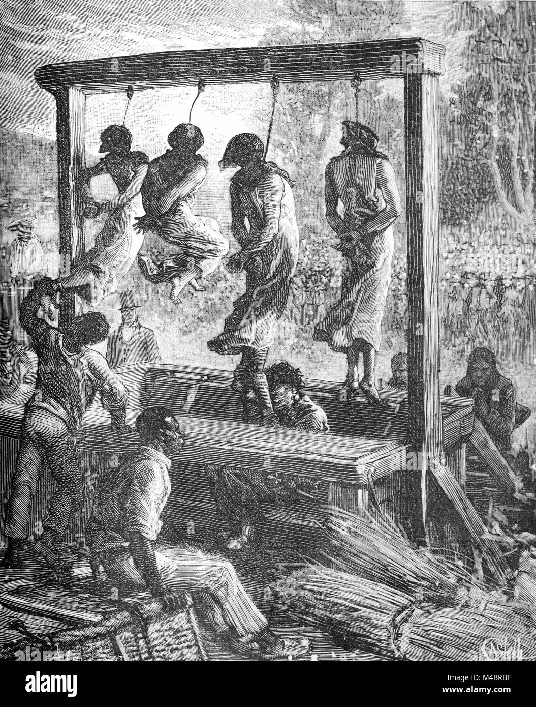 Quadruple appeso o esecuzione di un africano e tre Indiani in Port Louis Maurizio nel settembre 1878 (incisione, 1880) Foto Stock