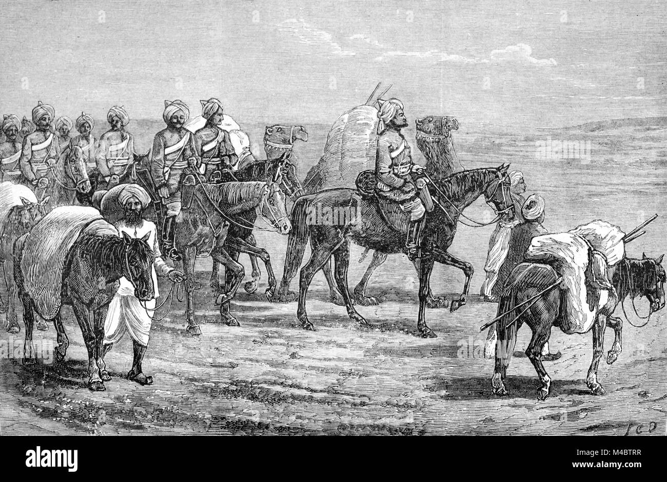 Cavalleria indiano dell esercito britannico i combattimenti durante la Seconda Guerra Anglo-Afghan Afghanistan (1878-1880) tra il British Raj e l Emirato dell'Afghanistan (incisione, 1880) Foto Stock
