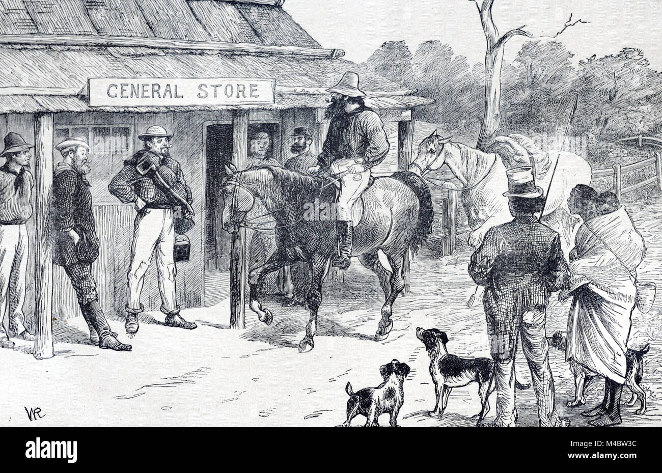 Archivio centrale, villaggio Store, Convenience Store o Corner Shop e i primi coloni o Colonialists nel Queensland Australia (incisione, 1880) Foto Stock