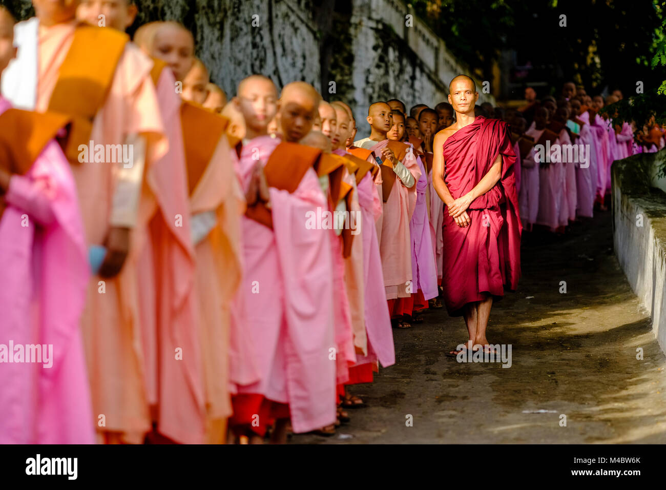 Le monache buddiste sono in coda in una lunga fila per ricevere donazioni in un monastero Foto Stock