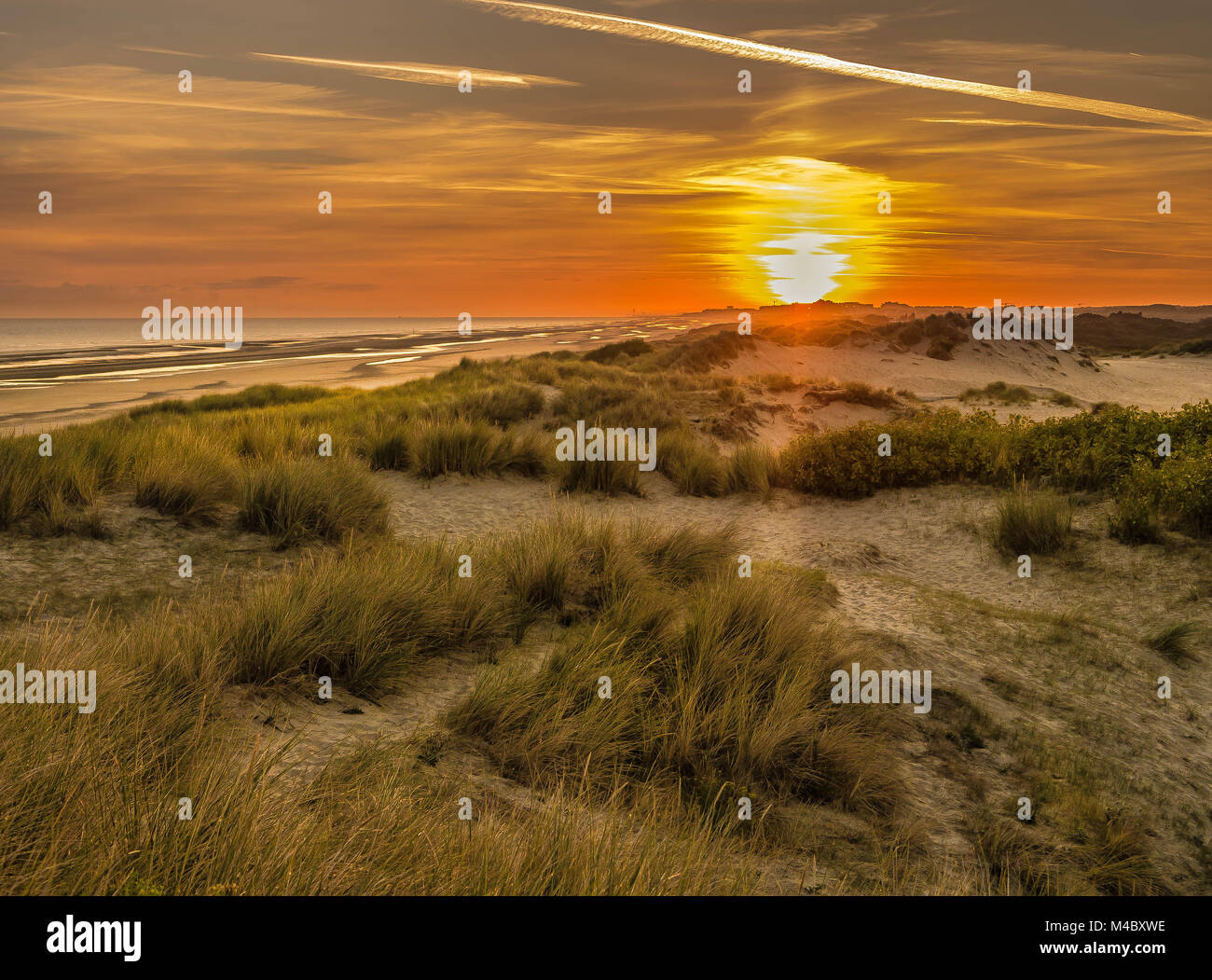 Ventoso dune di sabbia durante il tramonto su una spiaggia in Francia Foto Stock