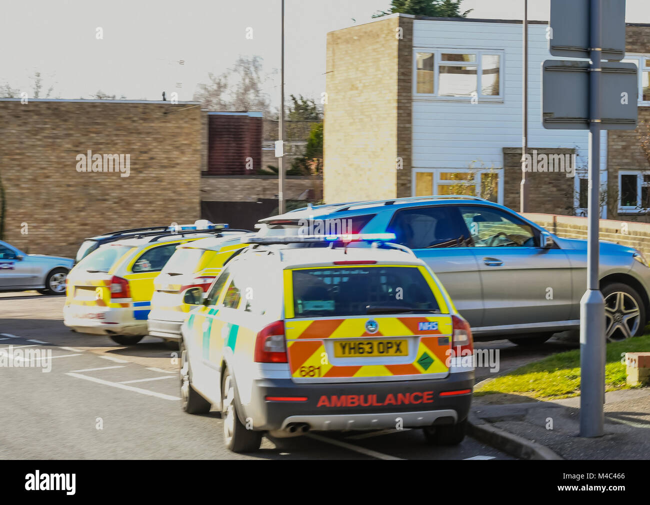 Il 15 febbraio 2018 una polizia/emergenza medica ha avuto luogo a Mayfield Gardens, Brentwood Essex a circa 14.30. Due auto della polizia, ambulanza tre veicoli e la Essex Air Ambulance erano in frequenza di un presunto tentativo di suicidio da una femmina di scuola studente Credito: Ian Davidson/Alamy Live News Foto Stock
