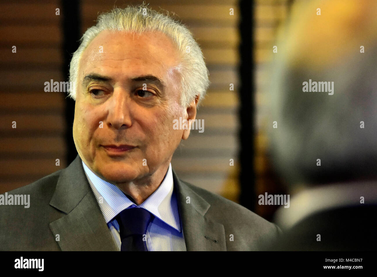 Sao Paulo, Brasile. 15 Feb, 2018. Il presidente Michel Temer, durante una visita ufficiale per le opere del nuovo acceleratore di particelle (Sirius progetto), situato sull'Giuseppina Vianelli Napole Road, Città Universitaria (Polo II di alta tecnologia), nella città di Campinas, all' interno dello Stato di São Paulo, la mattina di questo giovedì, 15. Credito: Eduardo Carmim/Alamy Live News Foto Stock