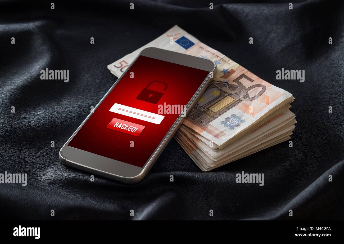 Hacked. Cyber security e mobile il concetto di hacking. Smartphone e pila di denaro e 50 euro bills. Criminali online login per informazioni personali. Foto Stock