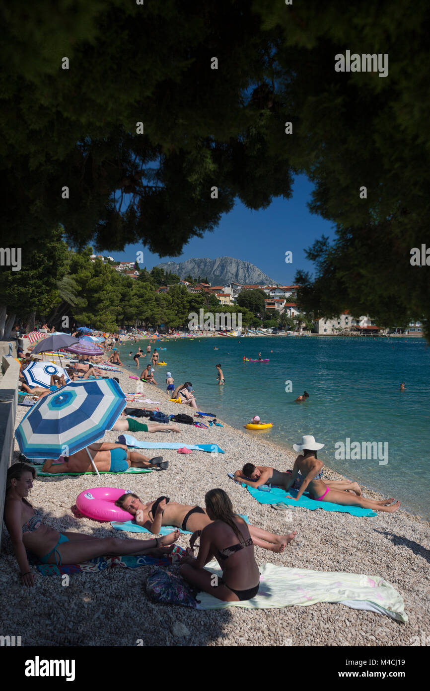 Il Podaca spiaggia ghiaiosa (Dalmazia - Croazia), in estate. Split-Dalmatia County. Plage de galets de Podaca, en été (Dalmazia, Croatie). Podace. Foto Stock