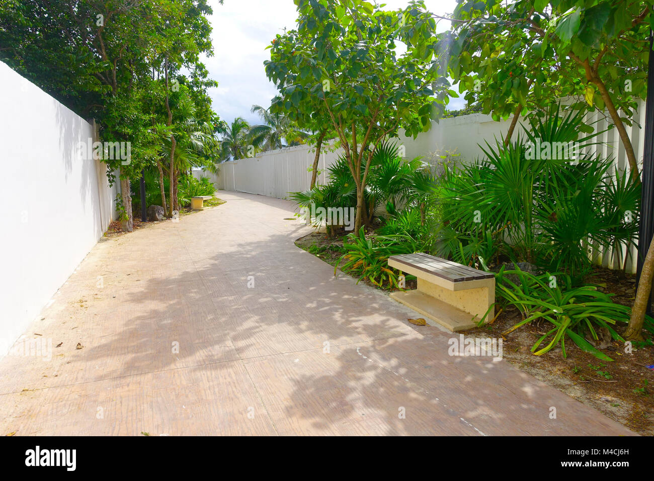 Playa del Carmen, Messico - 10 Gennaio 2018: vista esterna di una sala con pavimento e denocciolate e alcune pubbliche piante da giardino Foto Stock