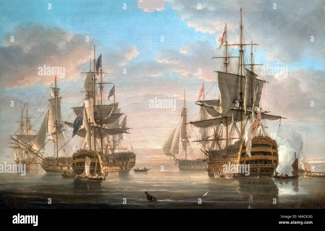 Nelson's Flagship Store al di ancoraggio da Nicholas Pocock, olio su tela, 1807. La nave ammiraglia HMS Victory è prominente in primo piano a destra, ancorate al largo di Portsmouth. Foto Stock