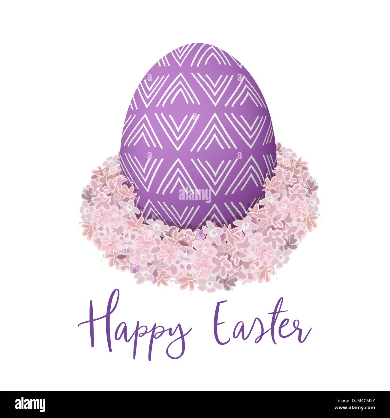 Pasqua uovo viola. Decorato uovo di festa con semplice decorazione astratta. Vacanze di primavera. Illustrazione Vettoriale. fiore rosa sfondo, prato geranio Illustrazione Vettoriale