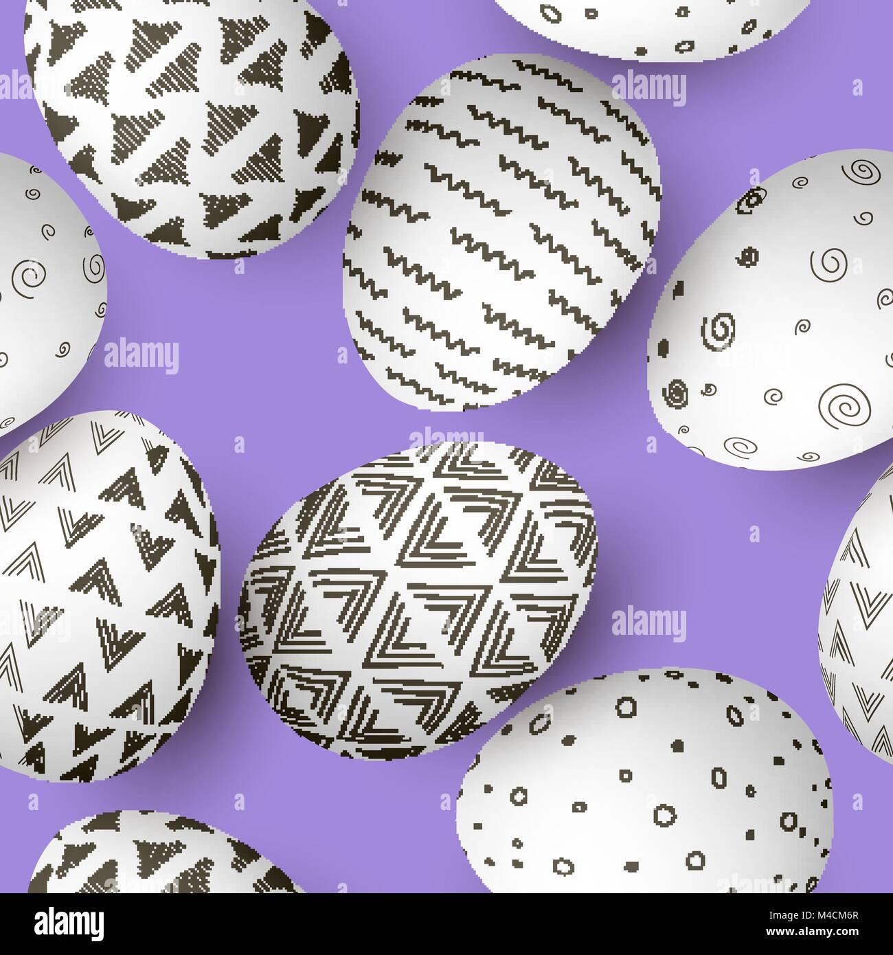 Le uova di pasqua di pattern senza giunture. Set di bianco decorate le uova di pasqua con semplici ornamenti astratta su sfondo viola. illustrazione vettoriale. Cartolina te Illustrazione Vettoriale