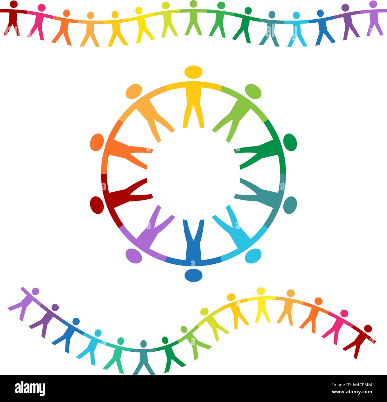 Un set di banner di rainbow gente colorata tenendo le mani. Illustrazione Vettoriale