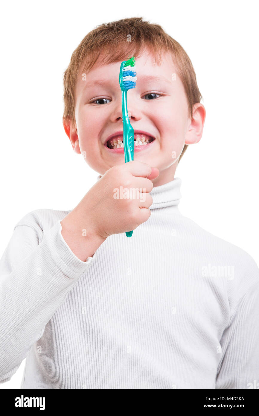 Ragazzo senza baby denti con spazzolino da denti Foto Stock