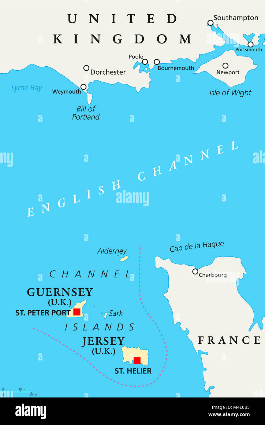 Isole del Canale mappa politico. Dipendenze della Corona Baliato di Guernsey e baliato di Jersey con capitelli. Arcipelago al largo delle coste francesi. Foto Stock