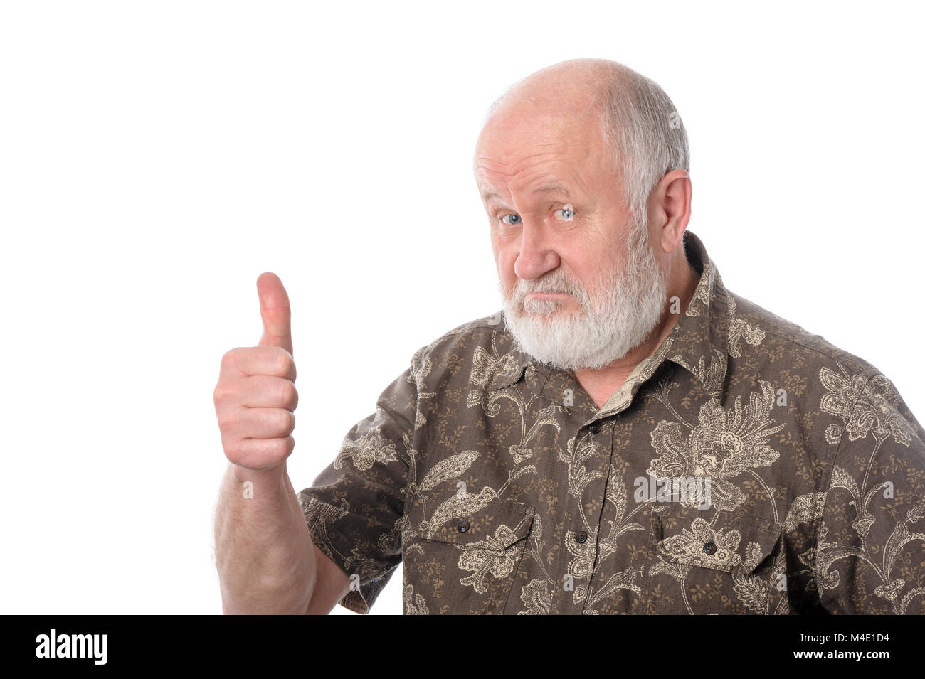 Senior uomo mostra Thumbs up gesto isolato su bianco Foto Stock