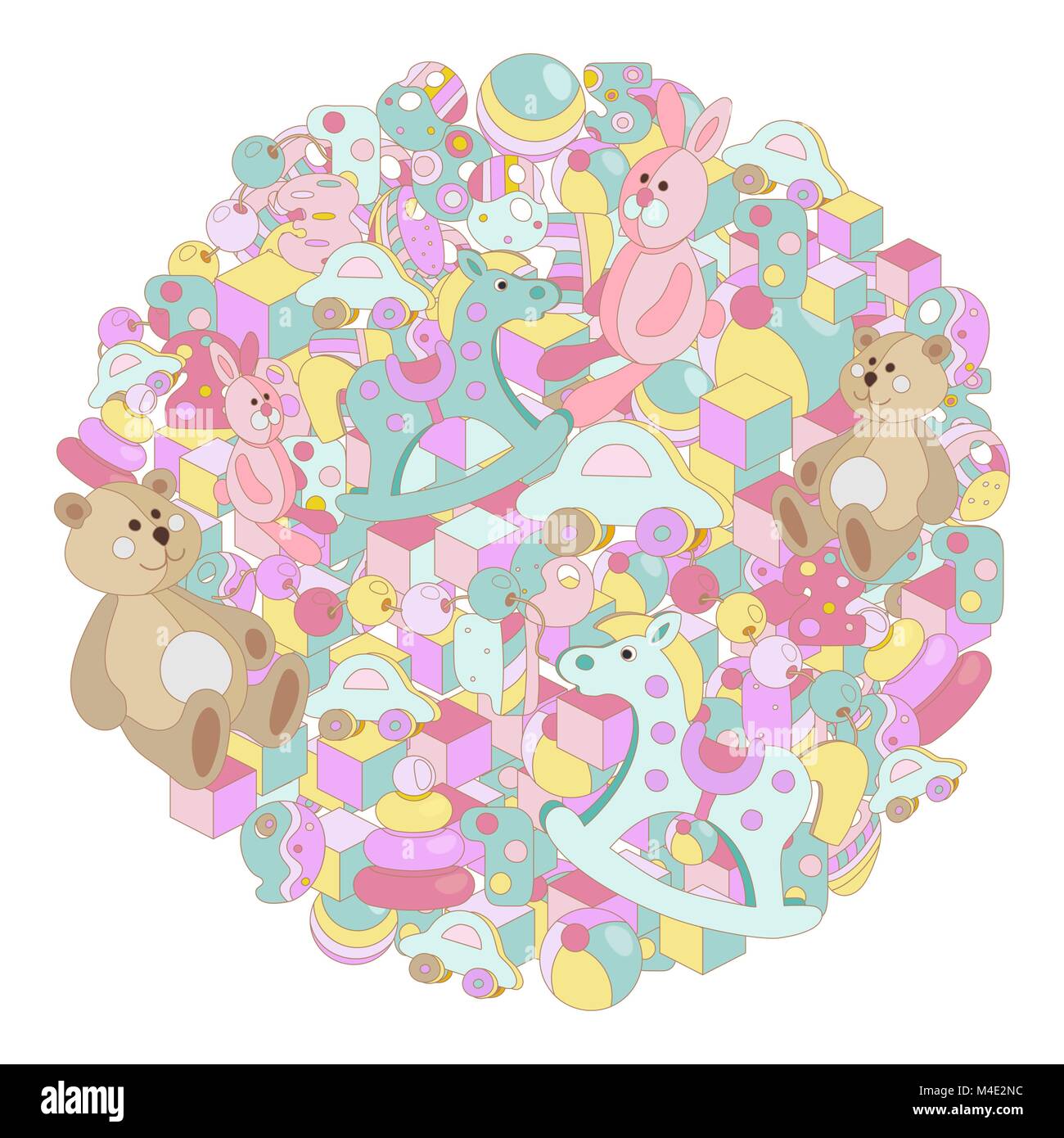 Pastello scarabocchi cartoon Baby toy illustrazione vettoriale. Round foto con un sacco di Teddy bear, cavallo a dondolo, coniglio, toy blocchi, le sfere e le lettere. Tutti Illustrazione Vettoriale