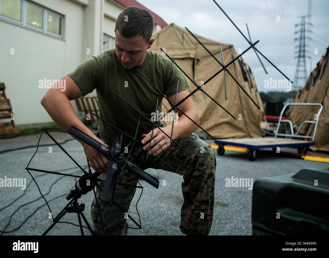 Cpl. Parker J. Berg regola un'antenna durante l'esercizio guerriero sfida 18 su Camp Foster, Okinawa, in Giappone, Gennaio 24, 2018. La sfida del guerriero 18, Marine ala squadrone di comunicazioni 18's squadrone interna esercizio, aumenti della marina di competenze tecniche, unità costruisce la coesione e ripete il supporto di comunicazioni prima dell'esecuzione di risolvere la chiave 18. Berg, da Boise, Idaho è un digitale (multi-channel) trasmissione a banda larga operatore dell' attrezzatura per il distacco alfa, MWCS-18, aria marina gruppo di controllo 18, Marine Aircraft Group 36, primo velivolo marino ala. (U.S. Marine Corps Foto Stock