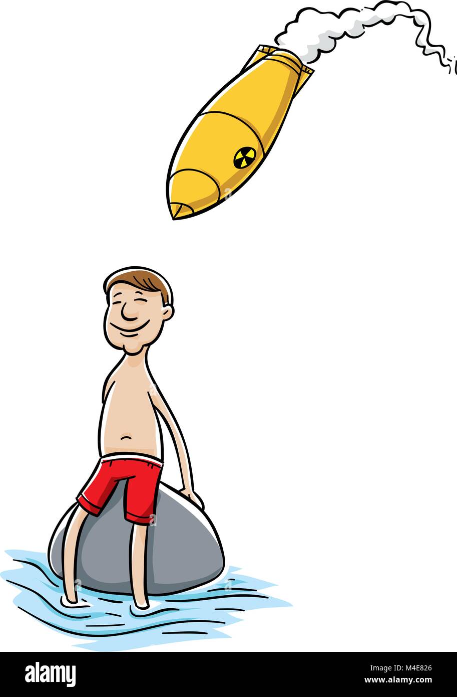 Un ignaro cartoon uomo gode di vita come un missile nucleare velocità verso di lui. Illustrazione Vettoriale Un ignaro cartoon uomo gode di vita come un missile nucleare velocità verso di lui. Illustrazione Vettoriale