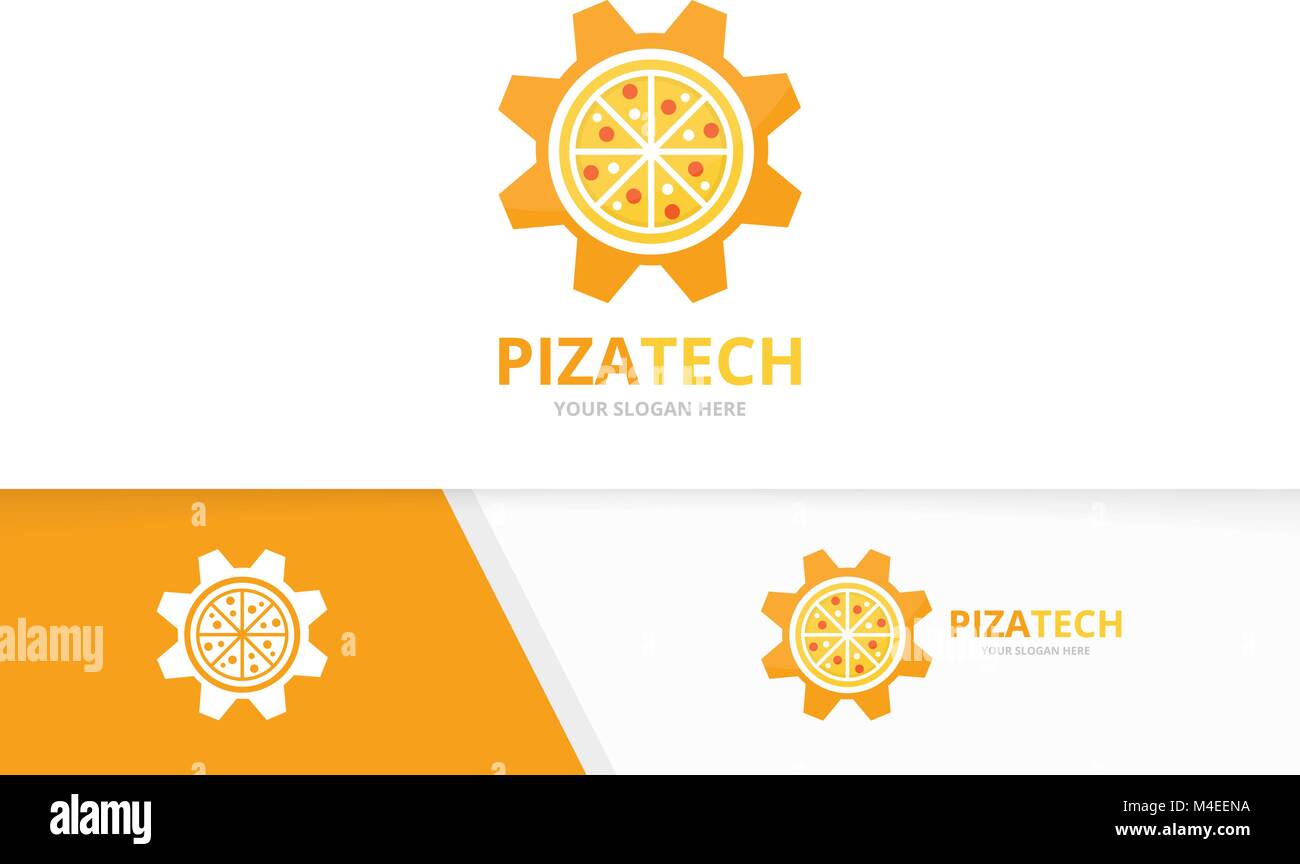 Pizza di vettore e ingranaggio di combinazione di logo. Il cibo e il sistema meccanico di simbolo o icona. Pizzeria unica e logotipo industriale Design modello. Illustrazione Vettoriale