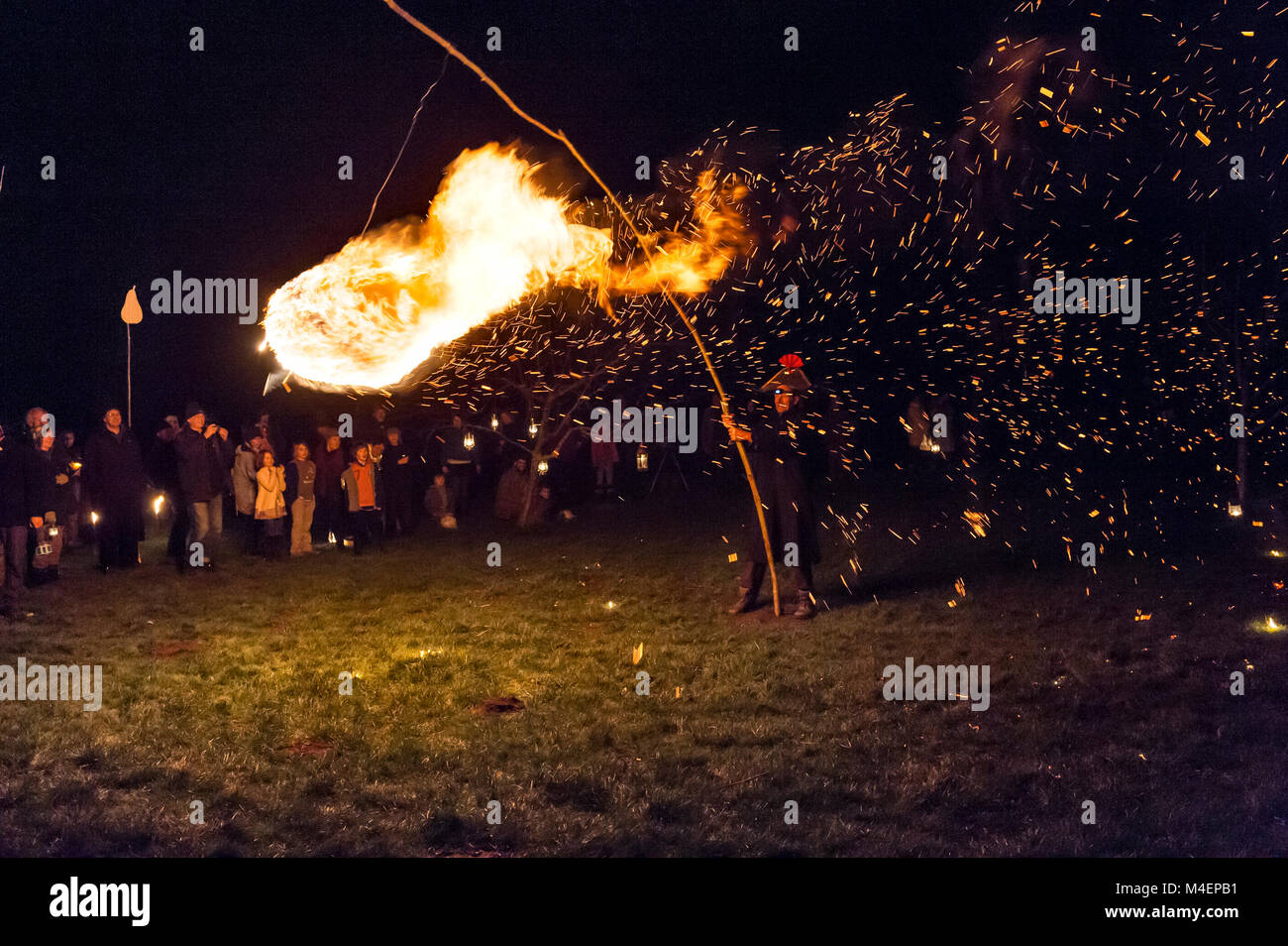 Presteigne, Powys, Regno Unito. Un rituale wassail avviene ogni inverno nella città apple orchard, per spaventare gli spiriti malvagi e garantire un buon raccolto Foto Stock