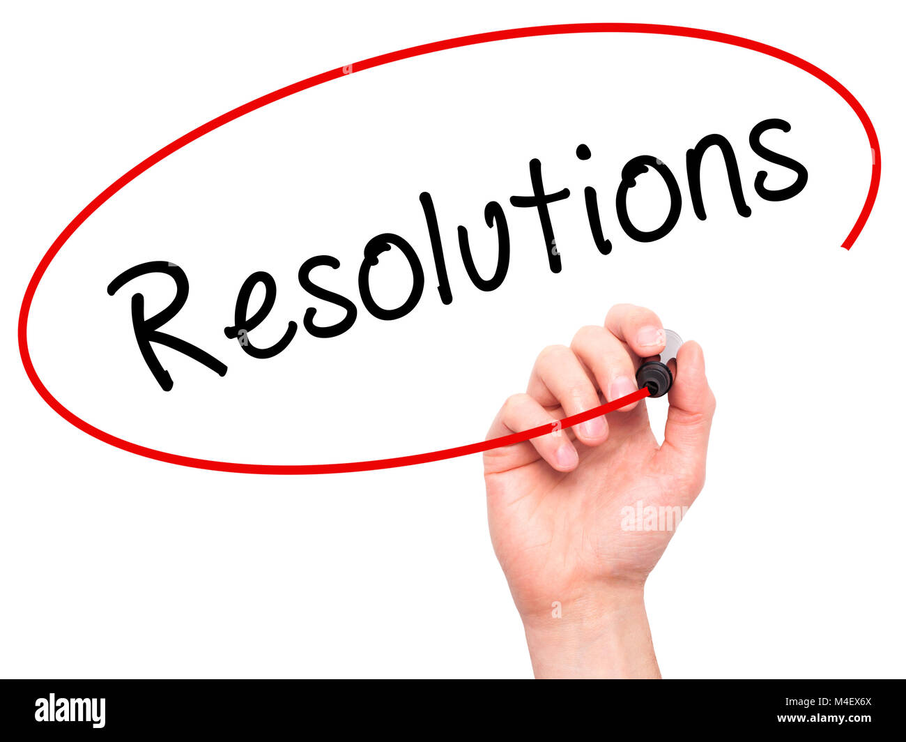 Man mano che scrive risoluzioni sullo schermo visivo Foto Stock