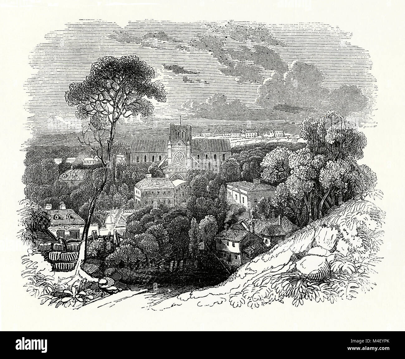 Una vecchia incisione di Winchester, una città e la contea di Hampshire, Inghilterra, Regno Unito. Il suo punto di riferimento principale e' la Cattedrale di Winchester, una delle piu' grandi cattedrali d'Europa. Foto Stock