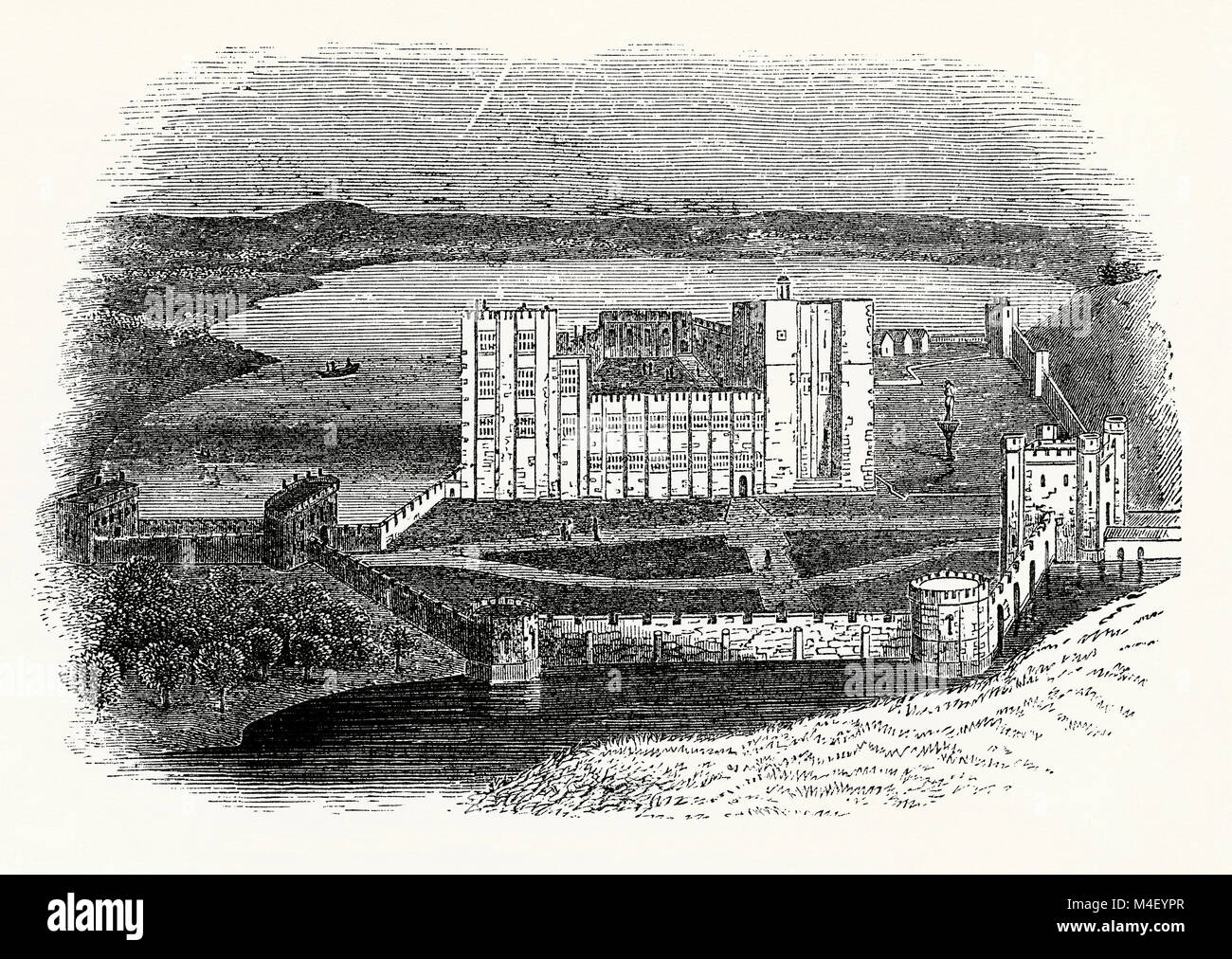 Un inizio di incisione del Castello di Kenilworth, situato nella città di Kenilworth, Warwickshire, Inghilterra, Regno Unito c. 1600. Il castello fu costruito nel corso dei secoli. Fondata nel 1120s intorno a Norman grande torre, il castello è stato notevolmente ampliato dal Re Giovanni all inizio del XIII secolo. Fossati sono stati creati mediante raschiatura i flussi locali. Nel 1500 Giovanni di Gaunt trasformato il castello medievale in una fortezza del palazzo progettato in stile perpendicolare. Foto Stock