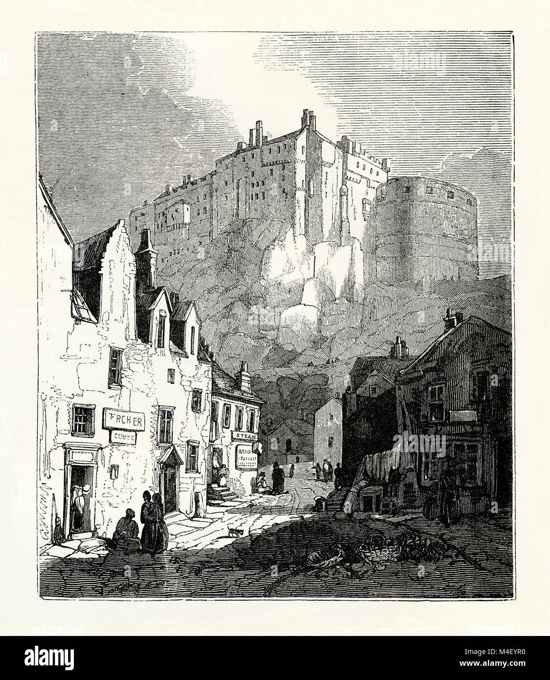 Una vecchia incisione di Edimburgo, capitale della Scozia almeno a partire dal XV secolo. Il Castello di Edimburgo domina lo skyline della città dalla sua posizione sul castello di roccia. Vi è stato un castello reale sul sito almeno dal regno di Davide I di Scozia nel XII secolo e il sito ha continuato ad essere una residenza reale fino al 1633 Foto Stock
