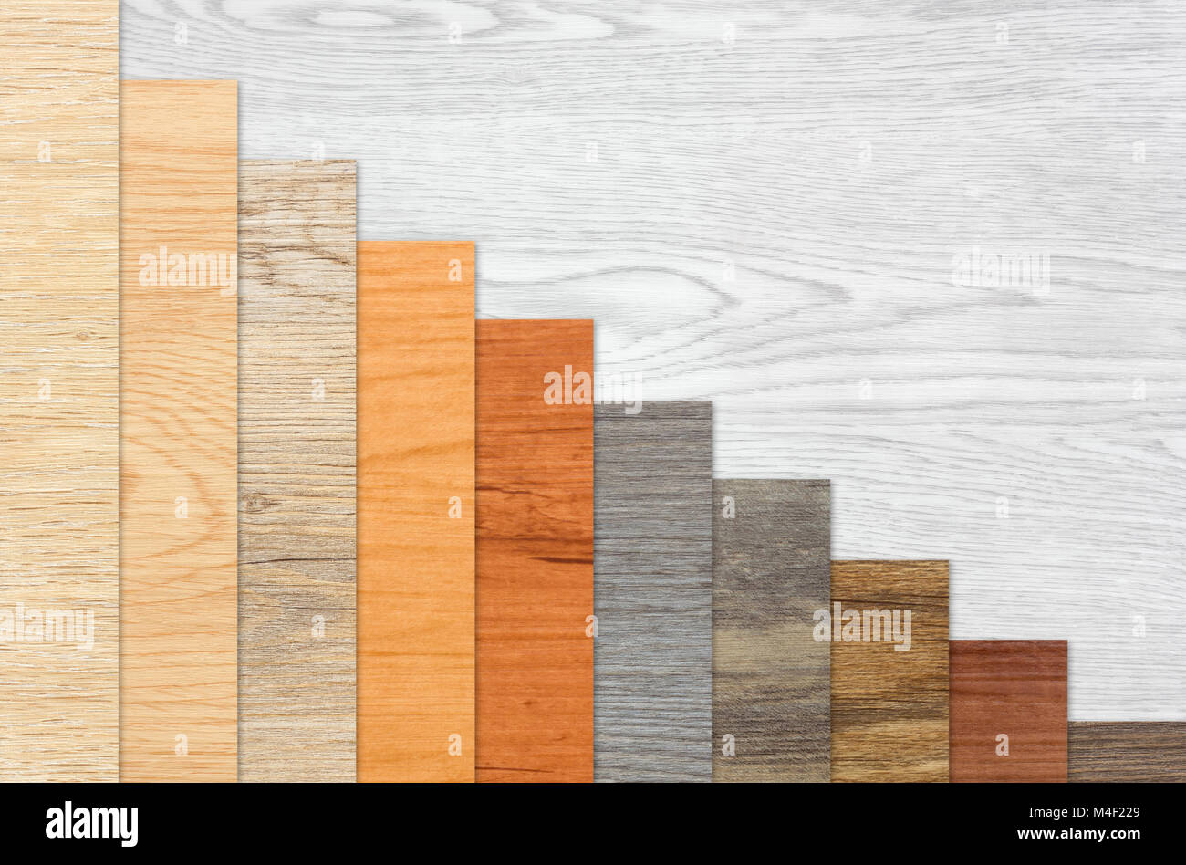 Legno a trama le barre del grafico lineare in ordine decrescente su un bianco sullo sfondo di legno Foto Stock