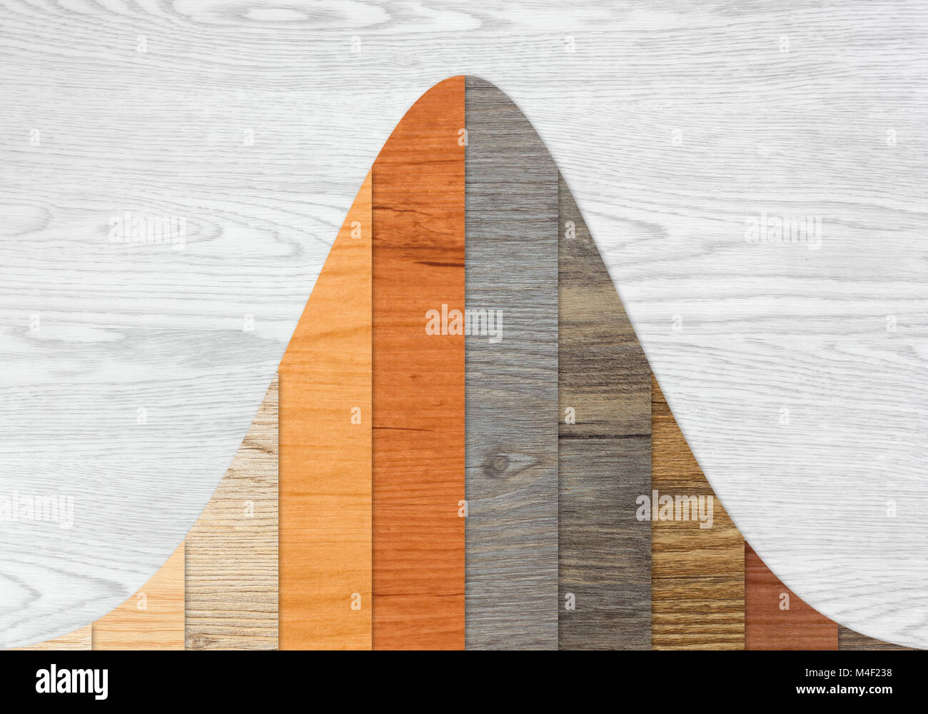 Legno a trama le barre del grafico a seguito di una normale distribuzione sopra un bianco sullo sfondo di legno Foto Stock