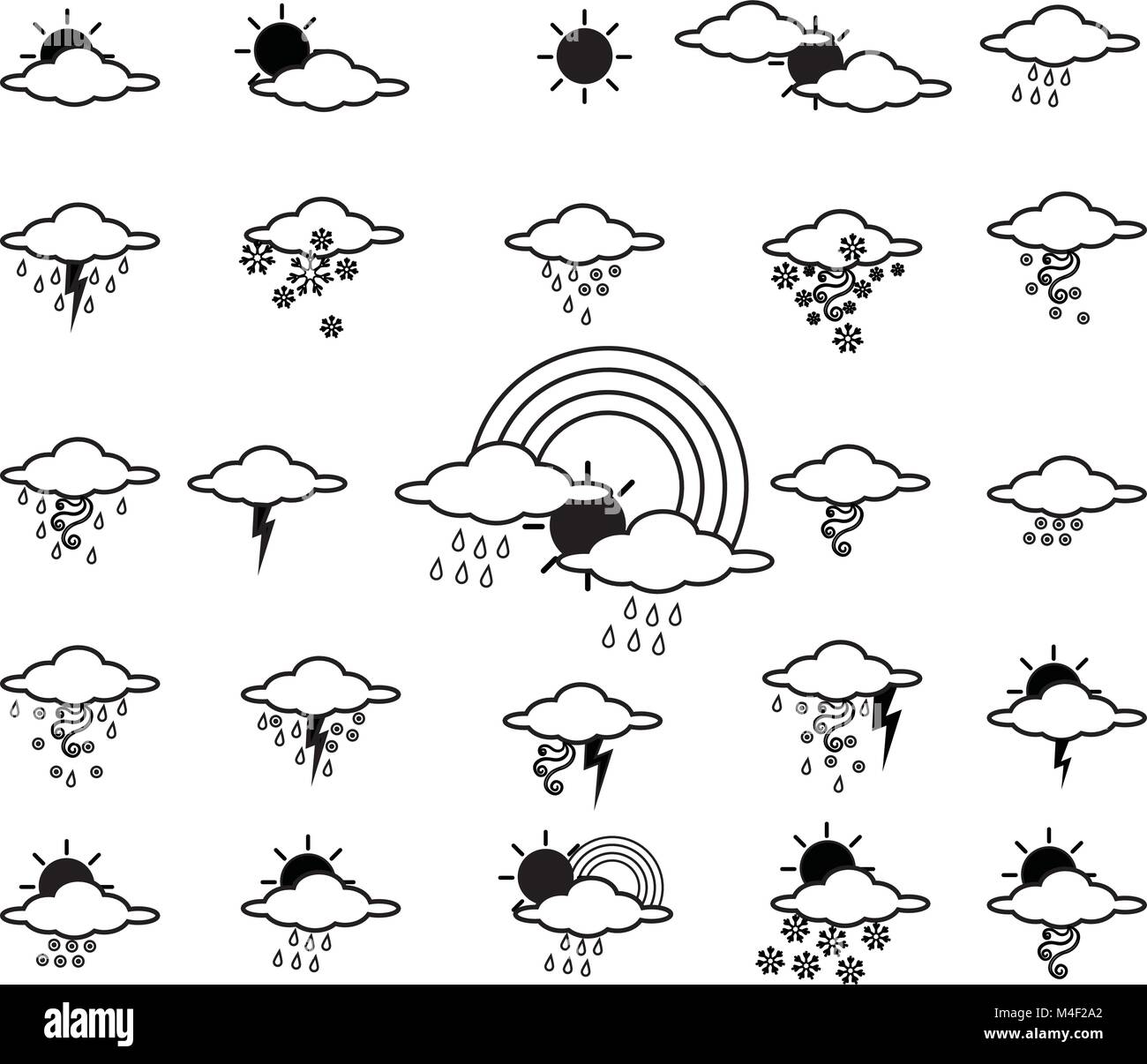 Bella stagione set di icone,l'inverno, grandine, pioggia, rainbow, neve, fulmini e tuoni, tempeste, nebbia e sole splendente, fenomeni naturali Illustrazione Vettoriale