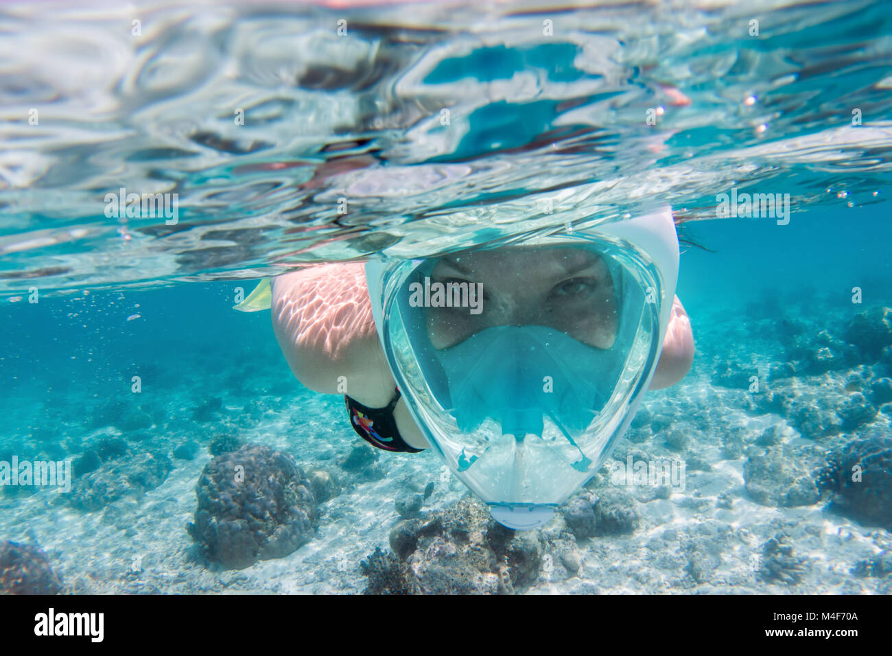 Donna subacquee snorkeling in Oceano Indiano, Maldive Foto Stock