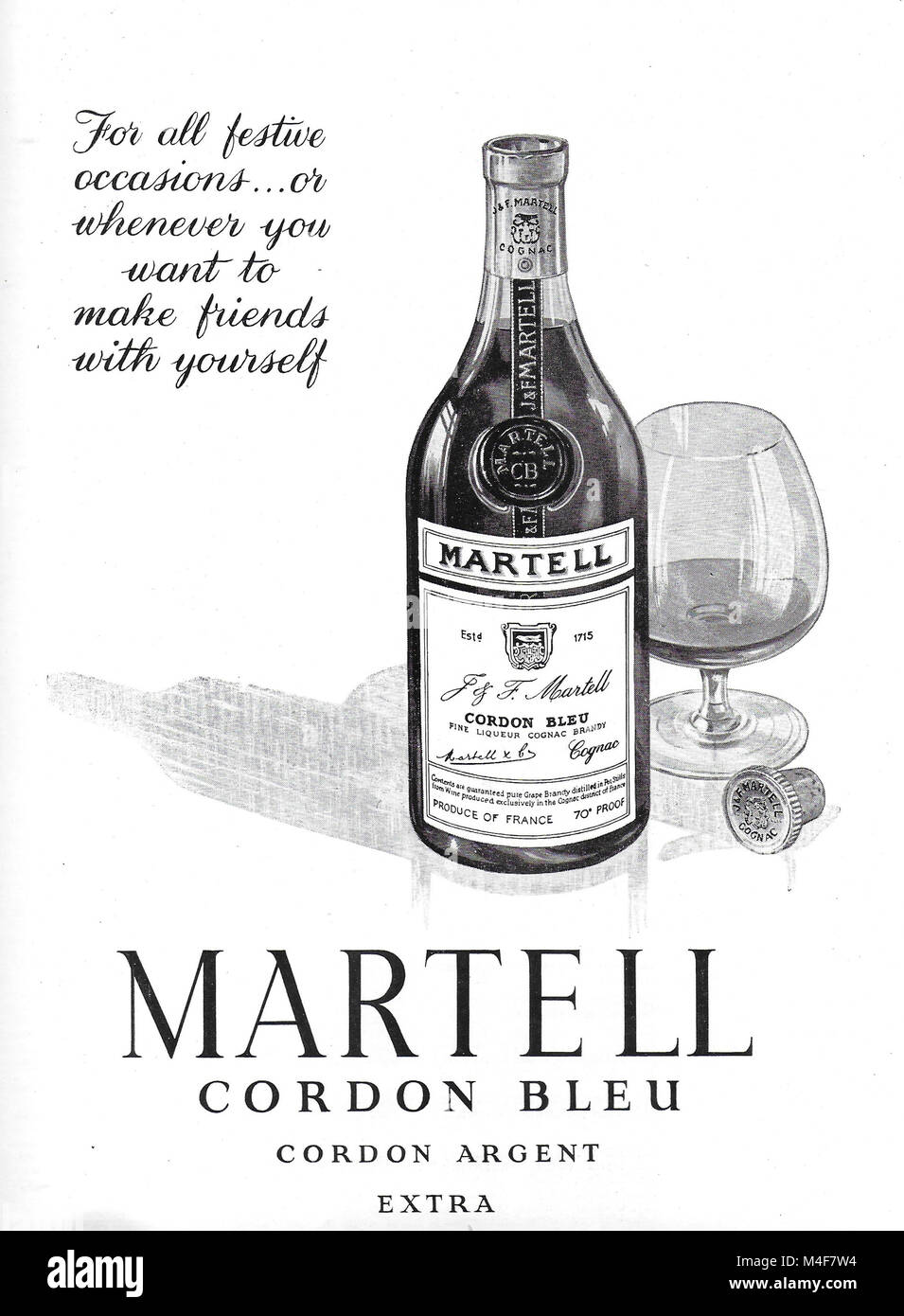 Martell cordon bleu brandy drink annuncio, pubblicità nel paese di vita magazine UK 1951 Foto Stock