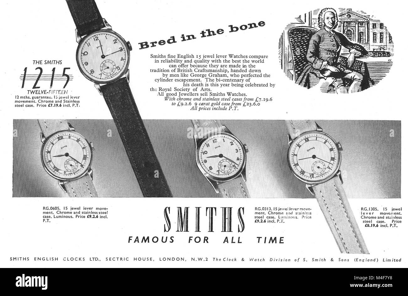 Smiths orologi orologio annuncio, pubblicità nel paese di vita magazine UK  1951 Foto stock - Alamy